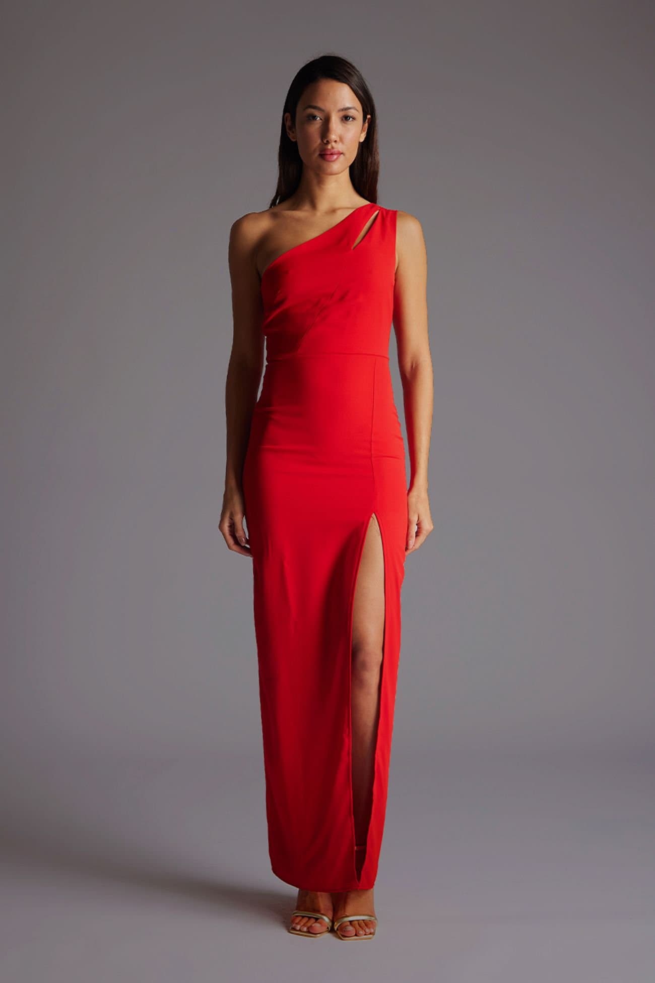 Vesper Vesper Women's One Shoulder Maxi Dress with Cut-out in Red