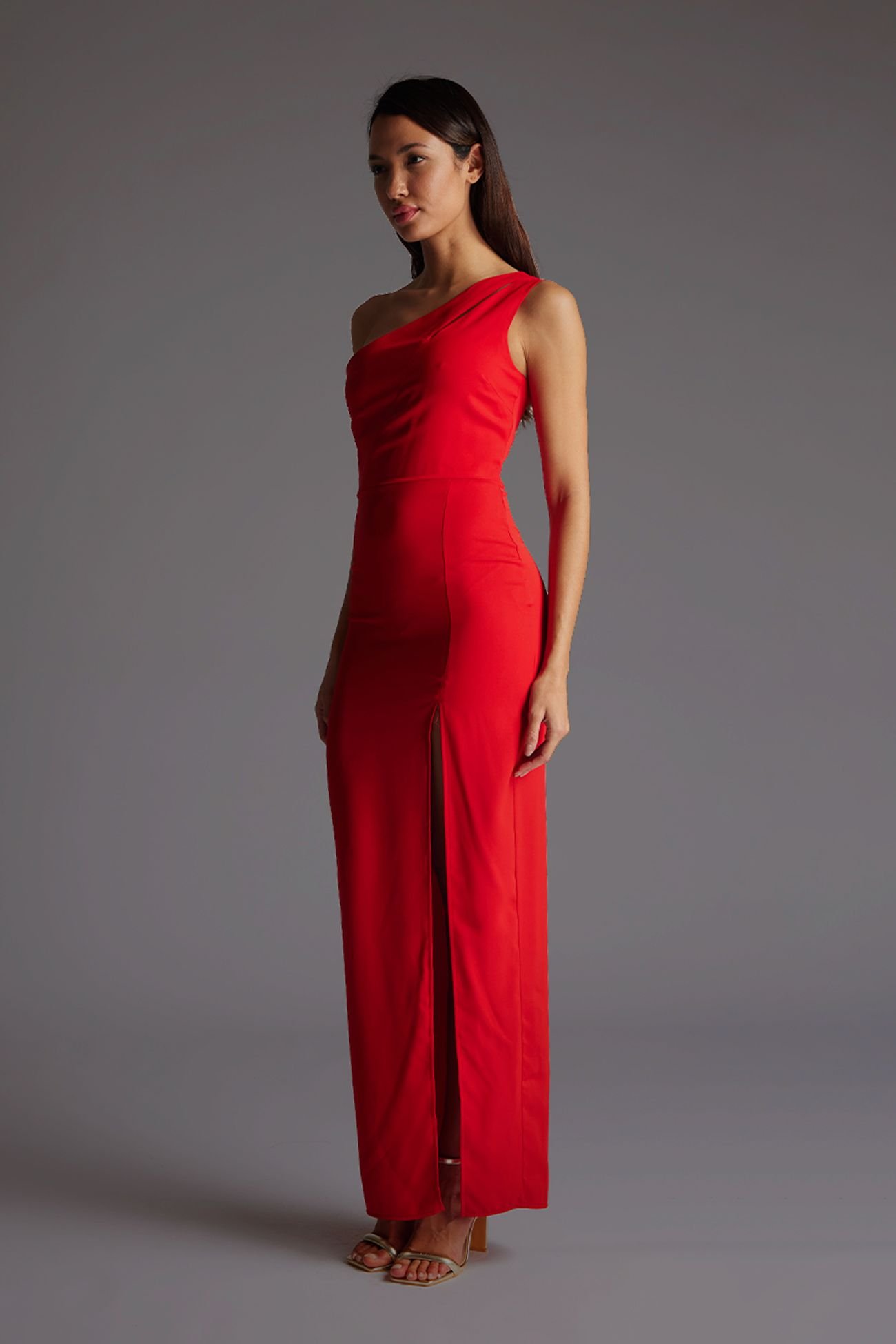 Vesper Vesper Women's One Shoulder Maxi Dress with Cut-out in Red - 2