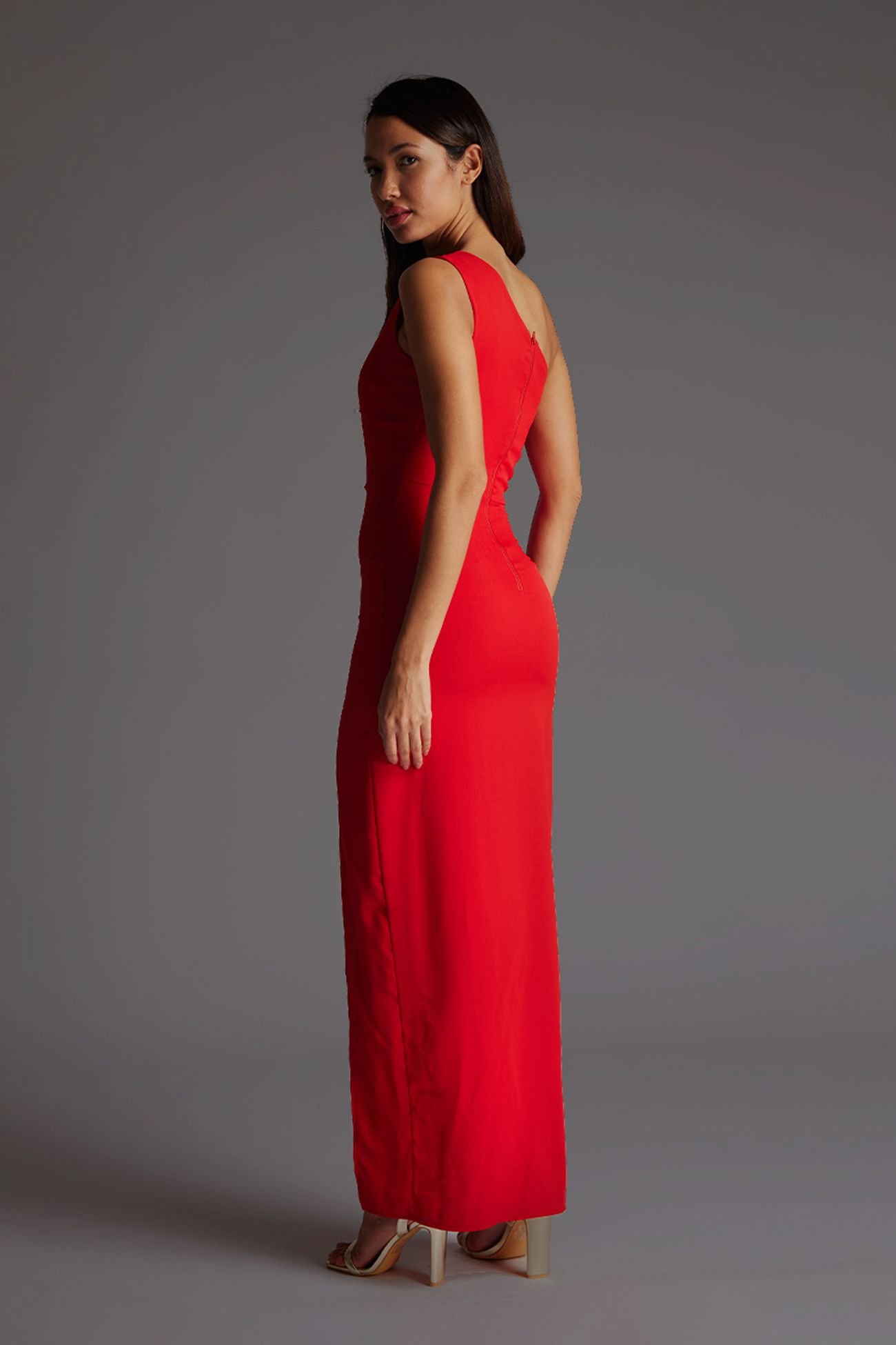 Vesper Vesper Women's One Shoulder Maxi Dress with Cut-out in Red - 3