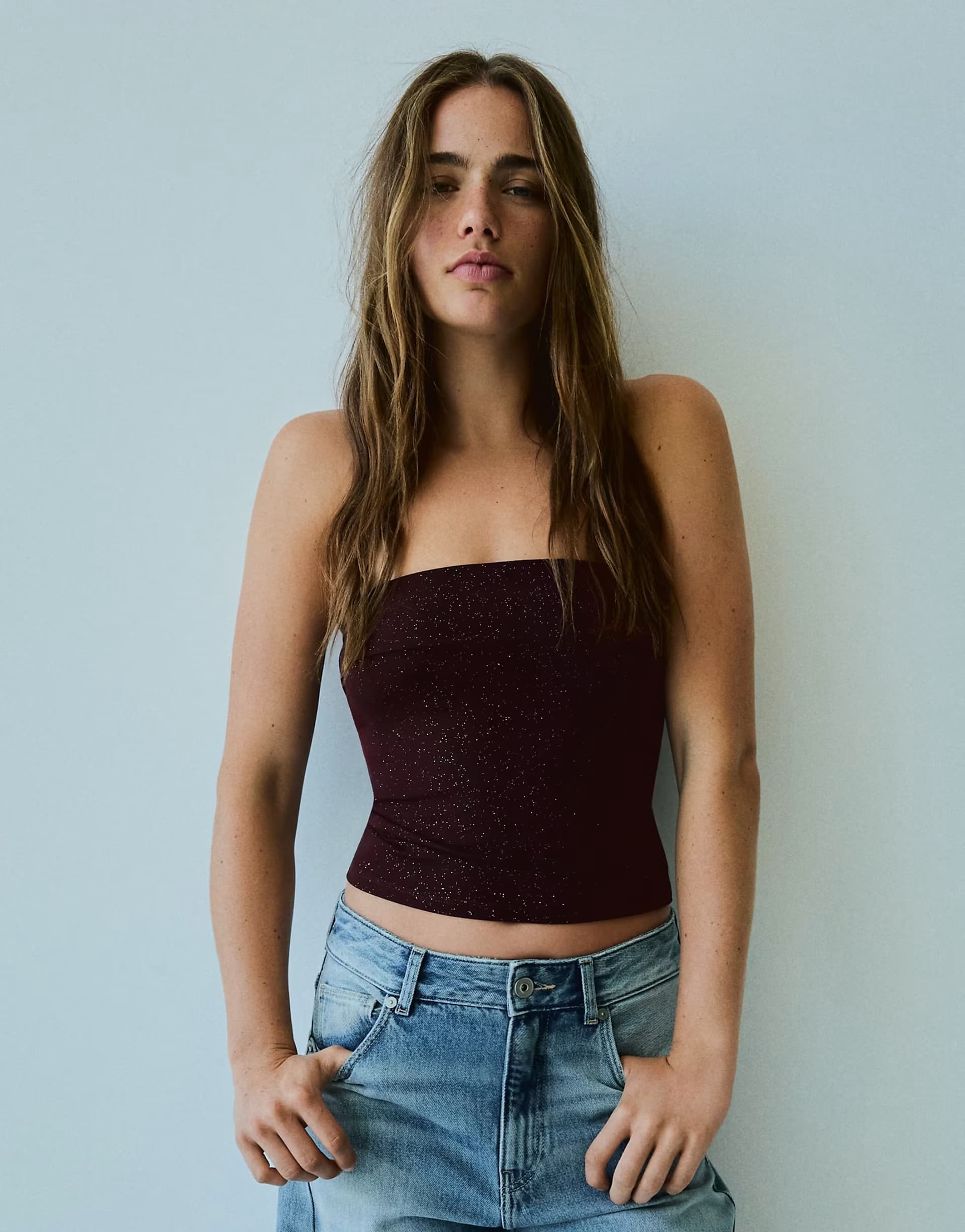 ASOS Bershka Glitter bandeau top in black