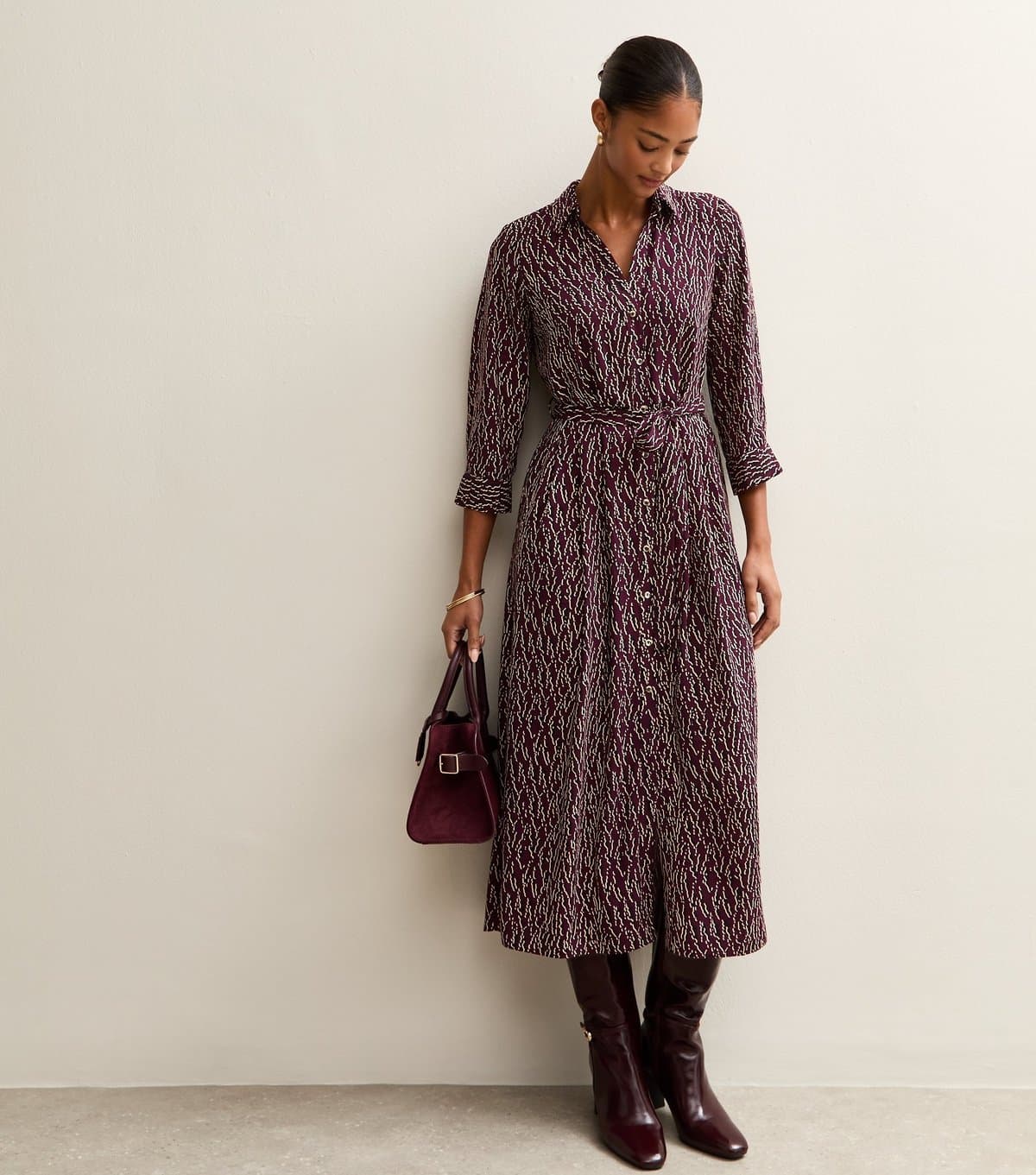 New Look Women's Burgundy Patterned Belted Shirt Dress New Look