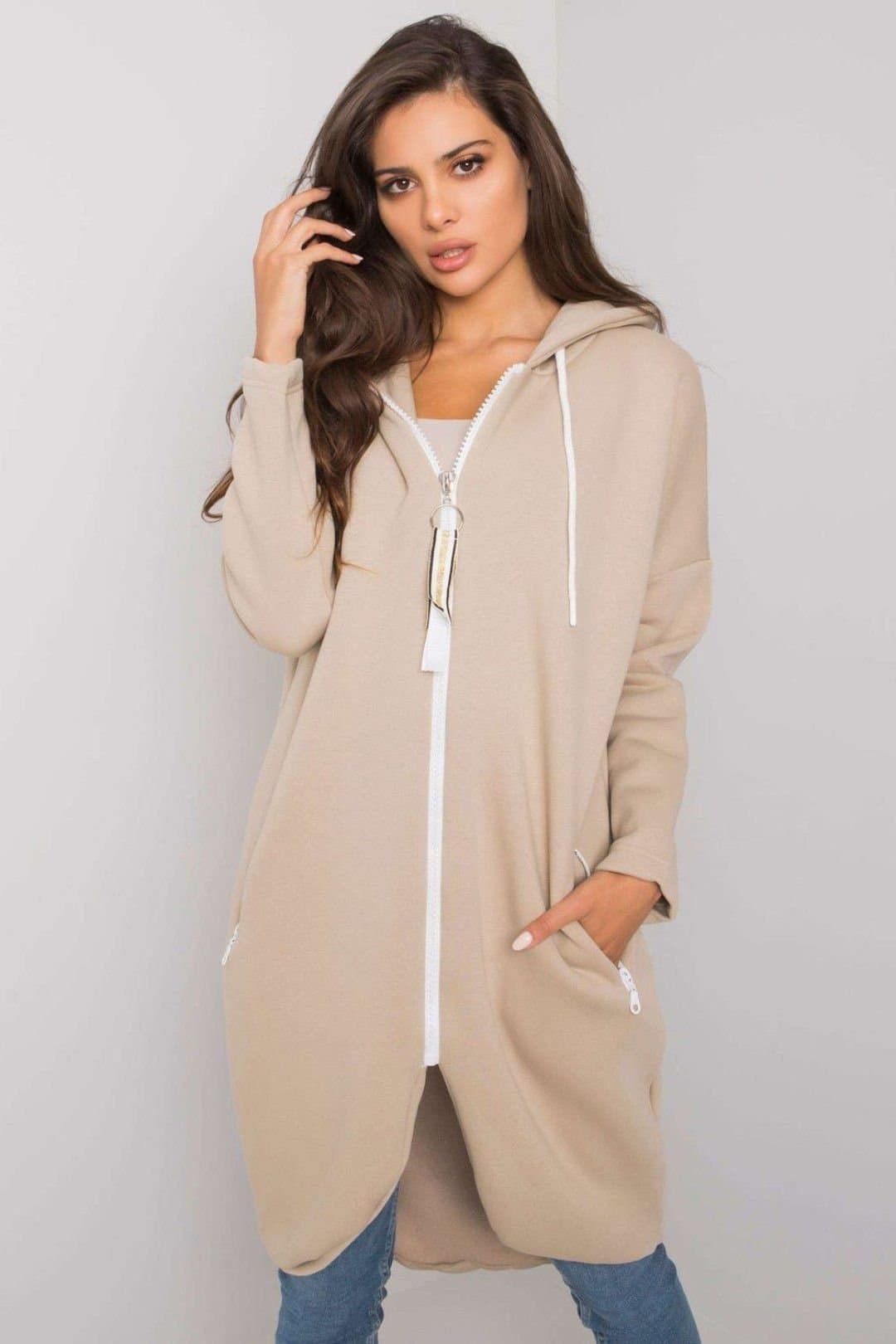 Love Lace Love Lace Women's Zip Hooded Long Sleeve Extended Sweatshirt in Beige