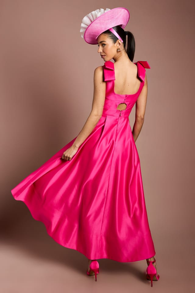 Coast Coast Women's Lisa Tan Bow Shoulder Satin Midi Dress in Magenta - 3