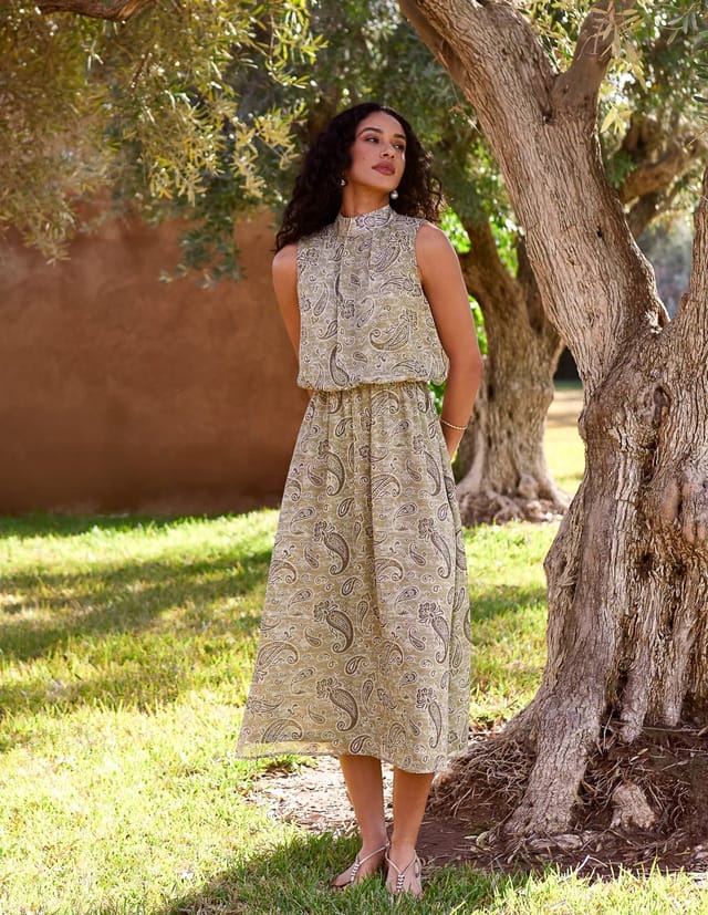 Blue Vanilla Paisley Print Rhinestone High Neck Midi Dress - 2