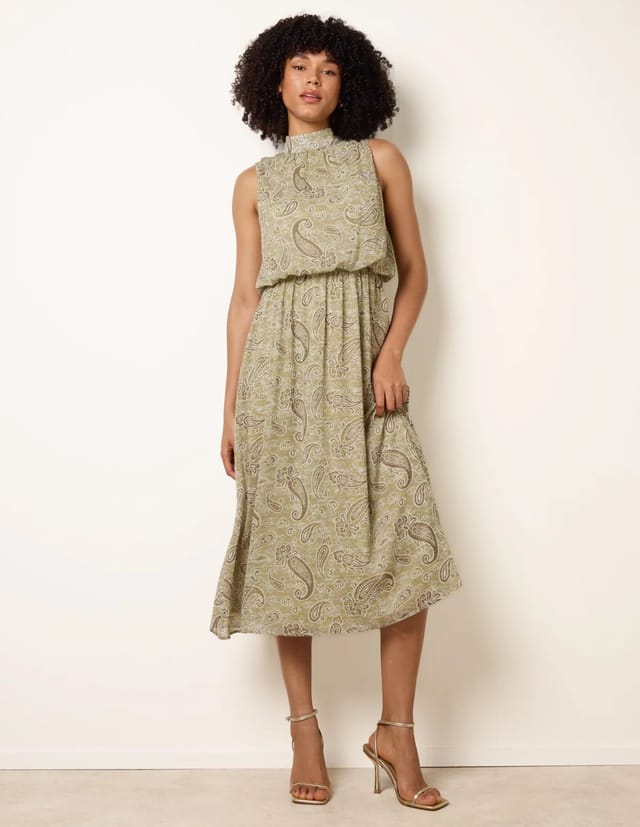 Blue Vanilla Paisley Print Rhinestone High Neck Midi Dress - 3