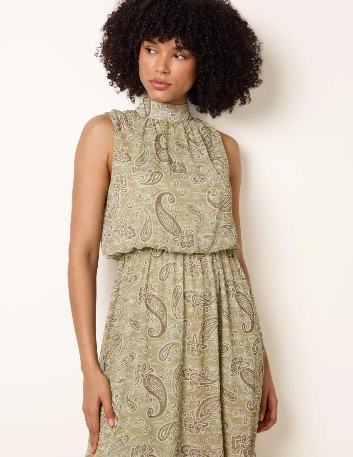 Blue Vanilla Paisley Print Rhinestone High Neck Midi Dress - 4