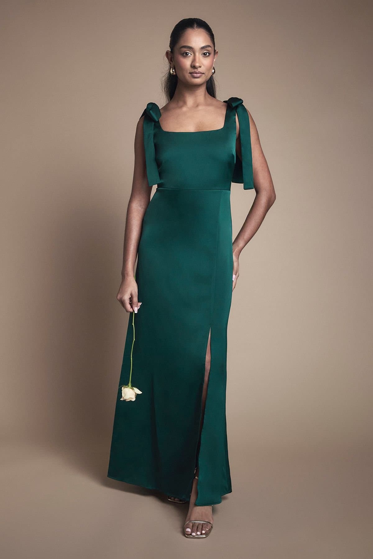 Oasis Oasis Women's Satin Tie Shoulder Midi Bridesmaid Dress in Emerald
