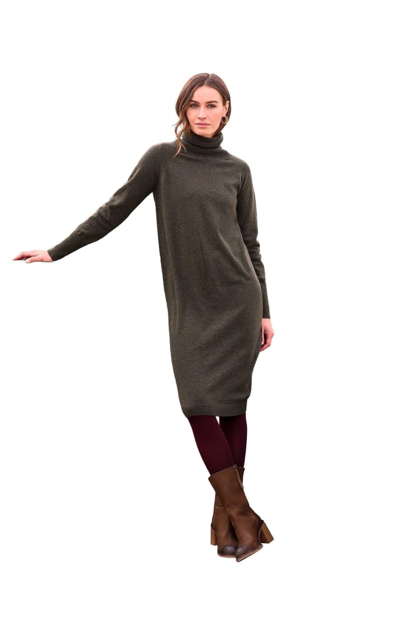 Celtic & Co Celtic & Co Women's Supersoft Midi Turtleneck Dress in Dark Olive - 1