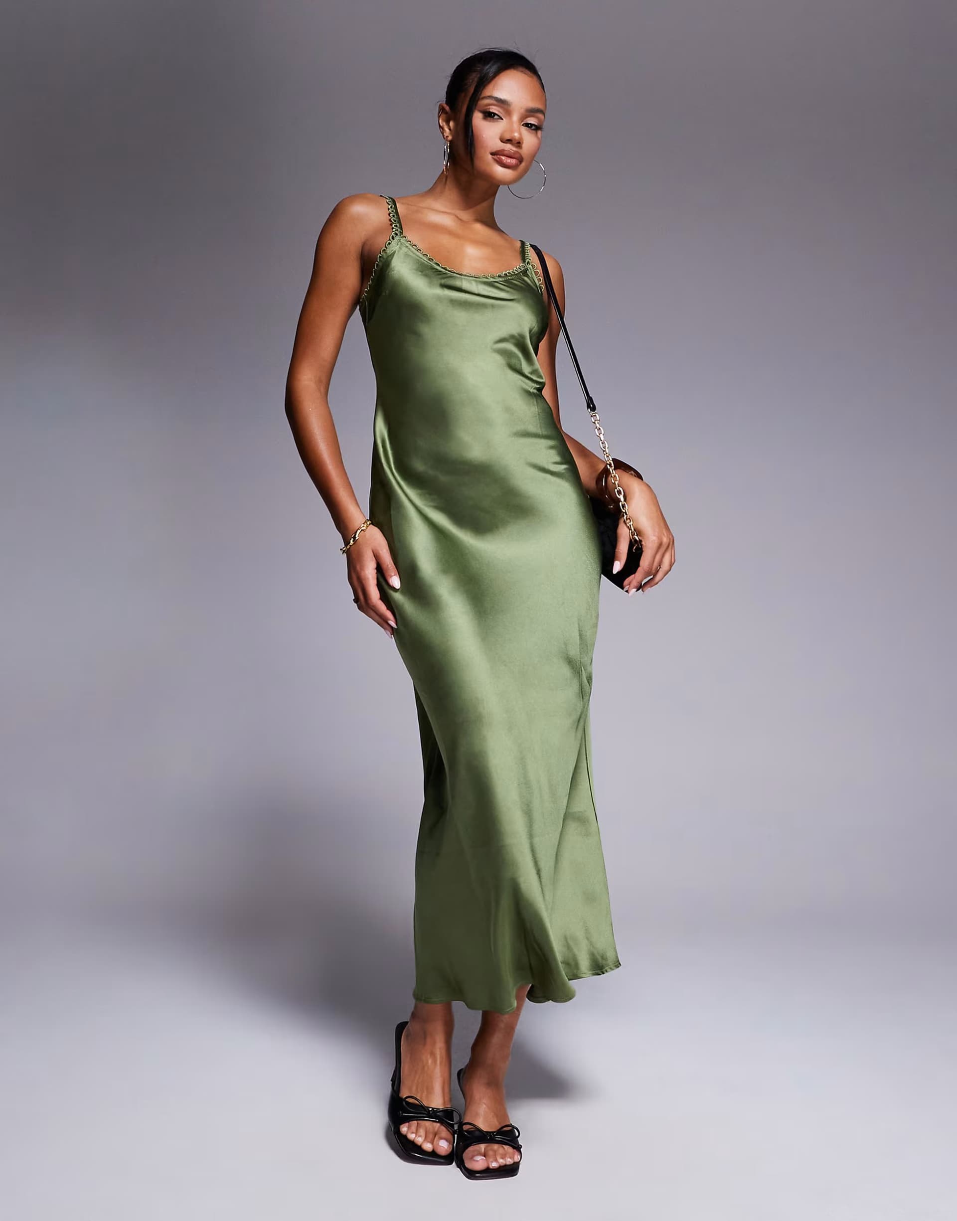 ASOS ASOS DESIGN satin cami slip midi dress with picot trim neckline in olive green