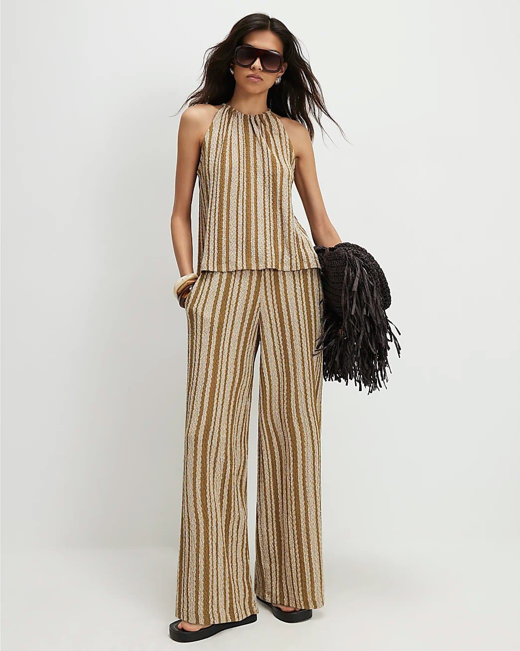 River Island River Island Womens Green Striped Textured Wide Leg Trousers