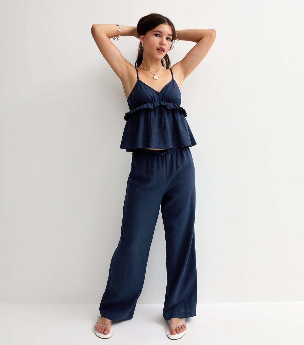 New Look Girls' Navy Linen Blend Wide Leg Trousers New Look