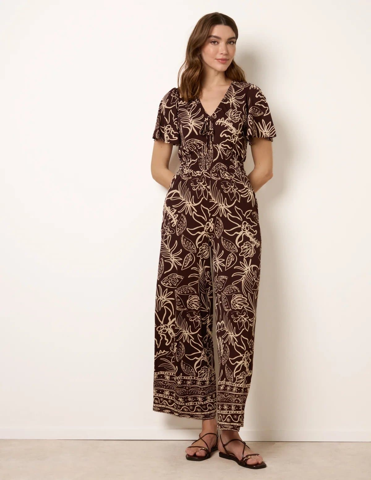 Blue Vanilla Tropical Print Shirred Waist Elasticated Round Neck Jumpsuit