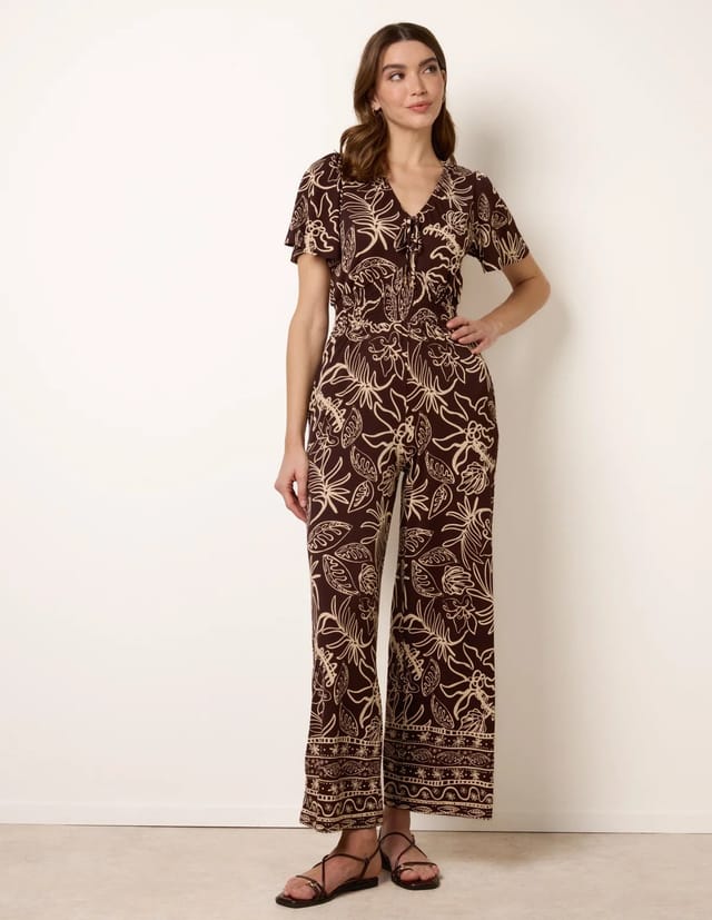 Blue Vanilla Tropical Print Shirred Waist Elasticated Round Neck Jumpsuit - 3