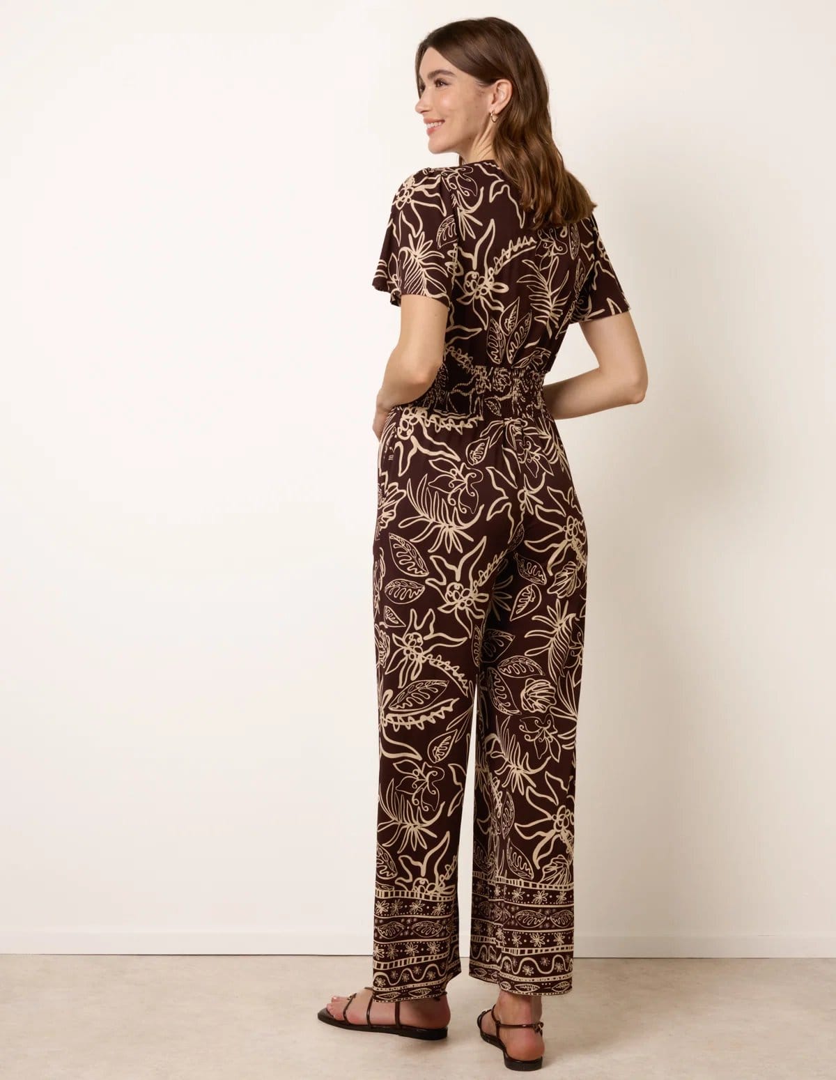 Blue Vanilla Tropical Print Shirred Waist Elasticated Round Neck Jumpsuit - 4