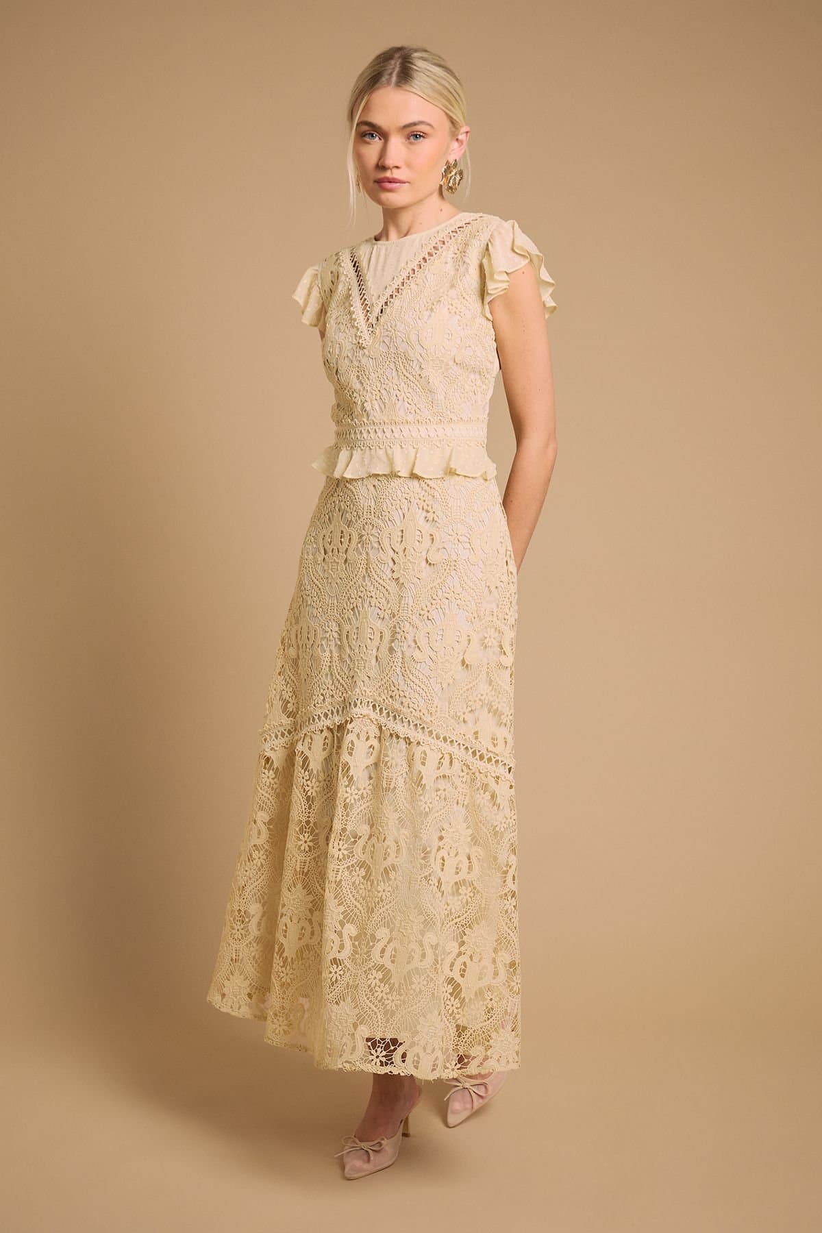 Oasis Oasis Women's Dobby Lace Detail Midaxi Dress in Yellow