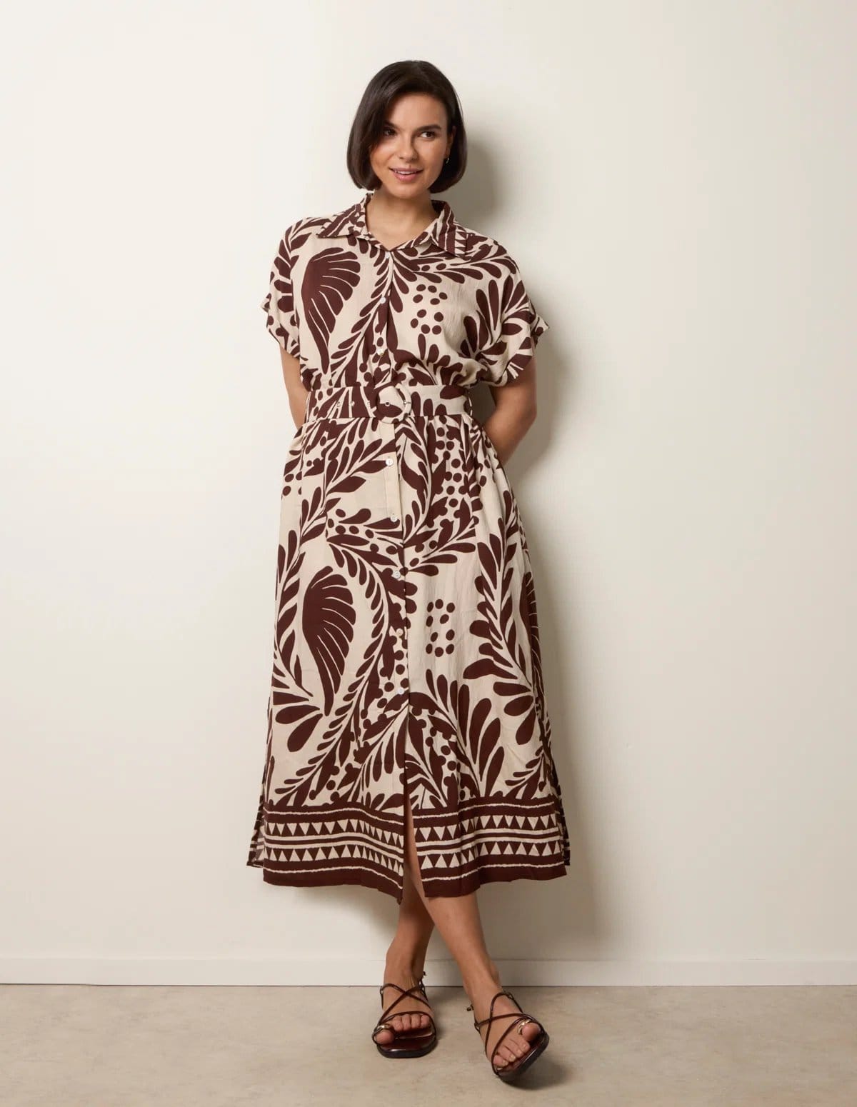 Tropical Leaf Print Belted Shirt Dress