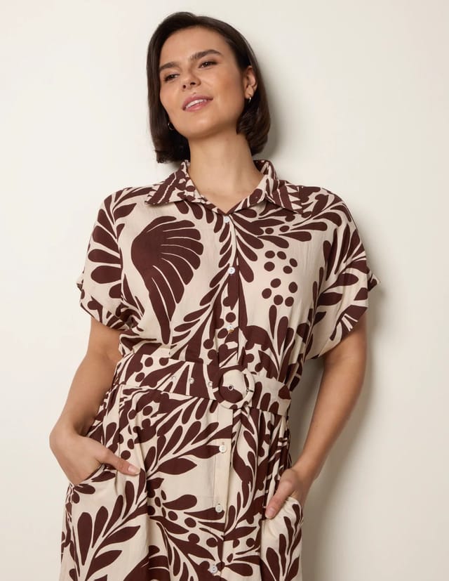 Blue Vanilla Tropical Leaf Print Belted Shirt Dress - 2
