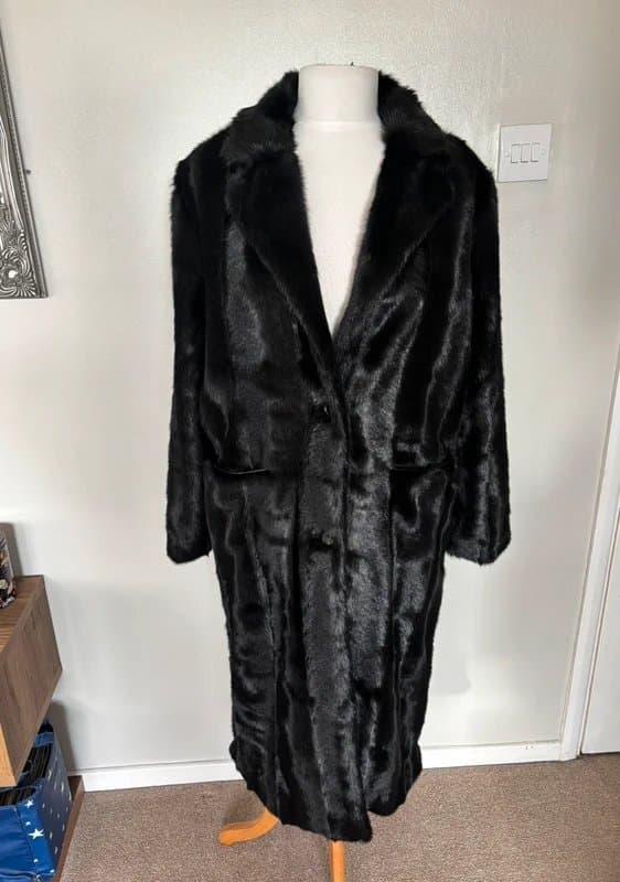 Zara ZARA black faux fur midi length coat size L fits a 12