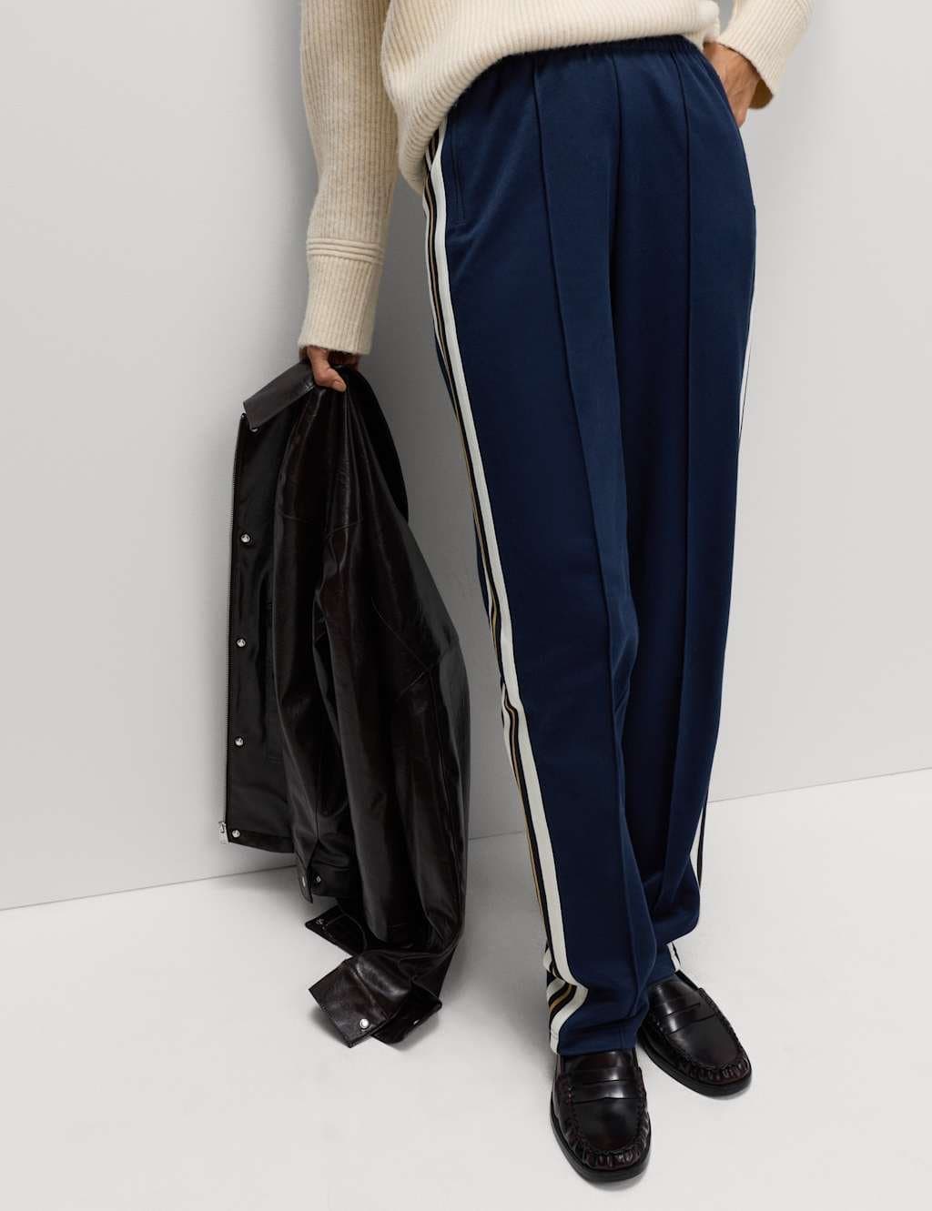 Marks & Spencer M&S Cotton Rich Retro Side Stripe Joggers Navy