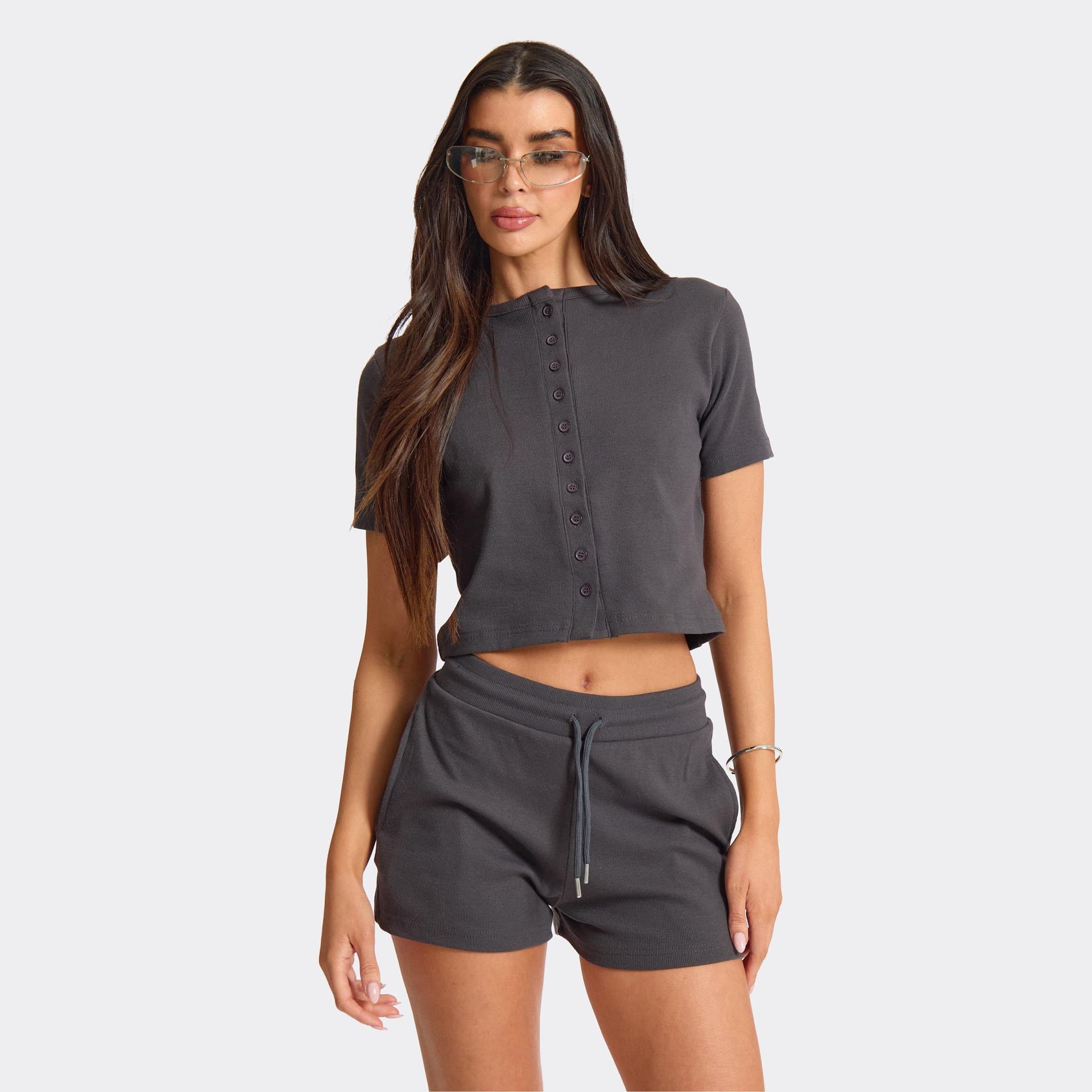 EGO EGO Charcoal Ribbed Short Sleeve Button-Up Top