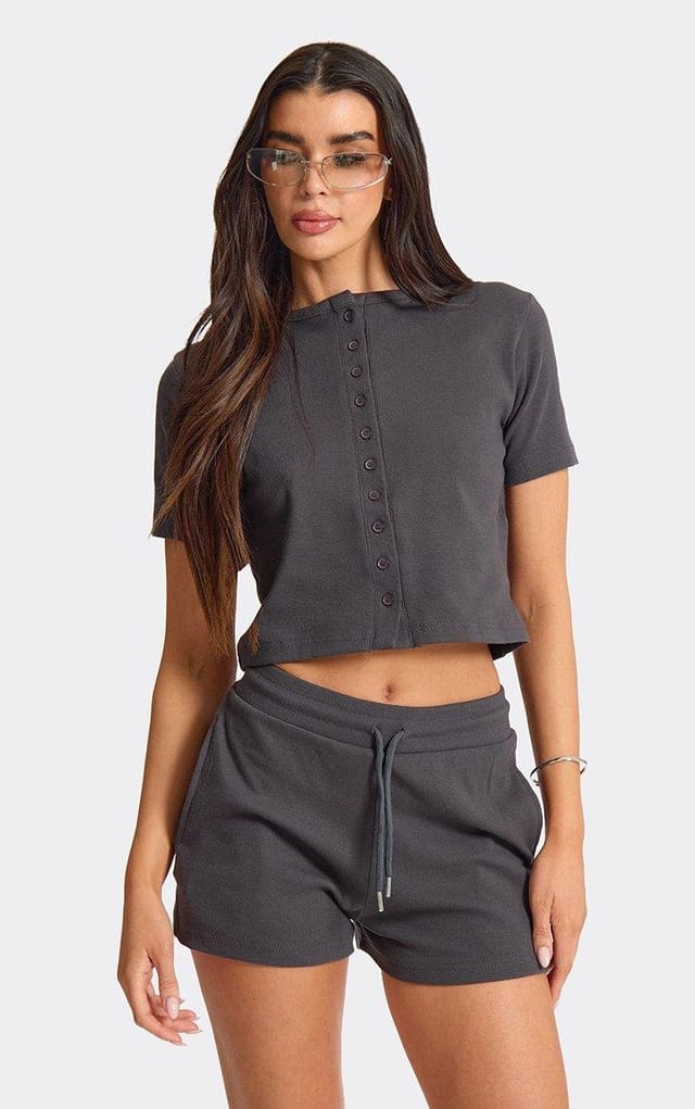EGO Short Sleeve Button Up Front Top In Charcoal Ribbed, Women's Size UK L - 2