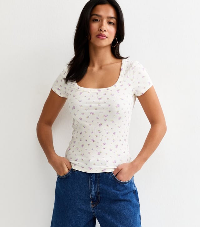 New Look Women's Petite White Floral Square Neck Top New Look - 2