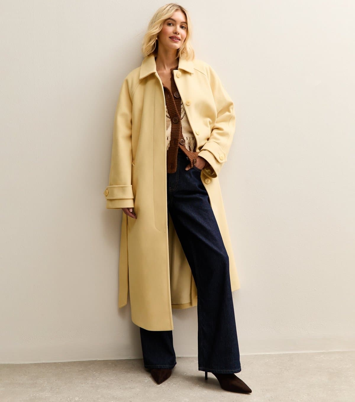 New Look Women's Yellow Button Up Belted Coat New Look