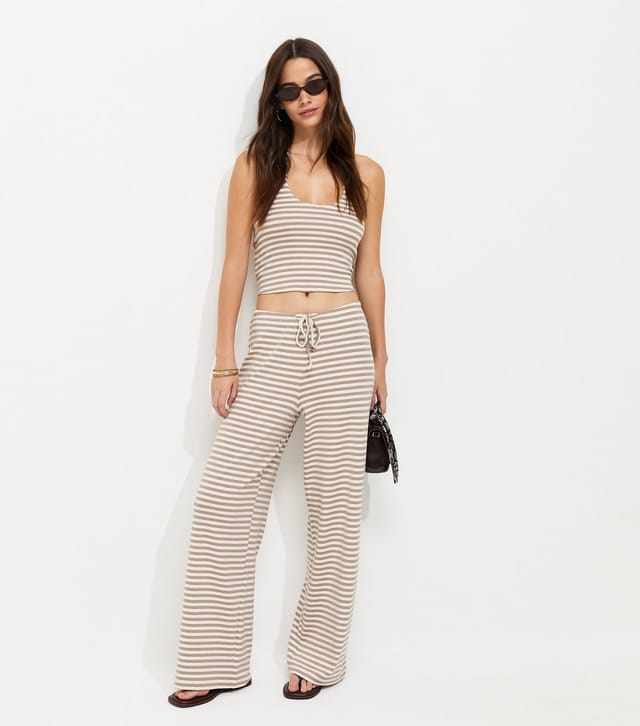New Look Women's Brown Cotton Rich Striped Scoop Halter Neck Top New Look - 3