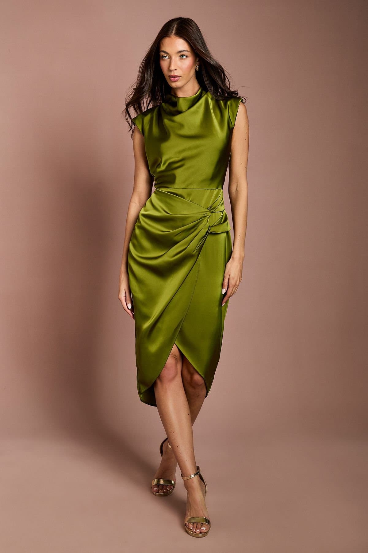 Coast Coast Women's Satin Cowl Neck Ruched Detail Midi Dress in Olive