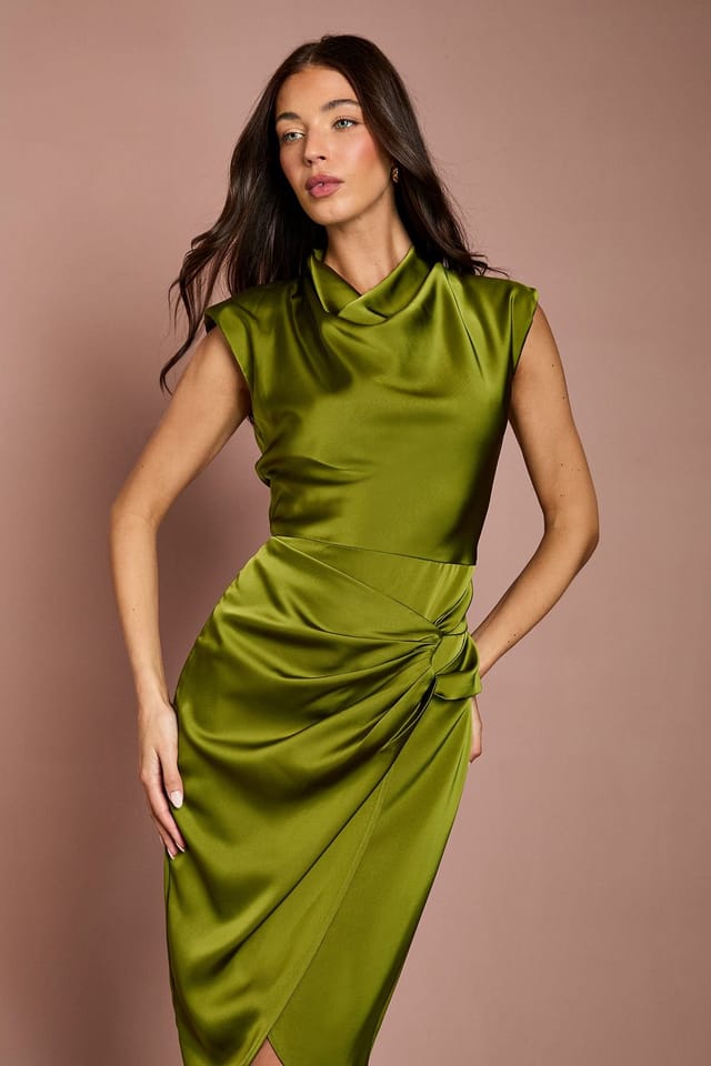 Coast Coast Women's Satin Cowl Neck Ruched Detail Midi Dress in Olive - 2