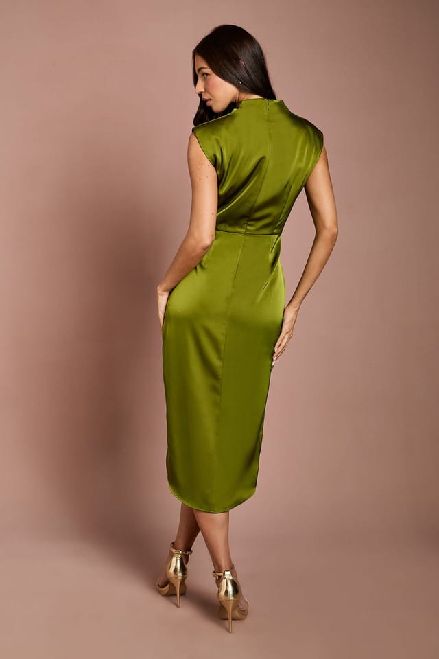 Coast Coast Women's Satin Cowl Neck Ruched Detail Midi Dress in Olive - 3