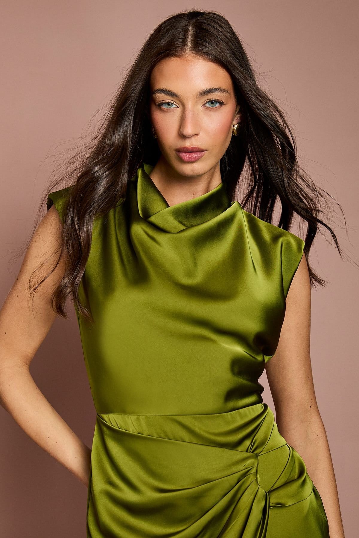 Coast Coast Women's Satin Cowl Neck Ruched Detail Midi Dress in Olive - 4