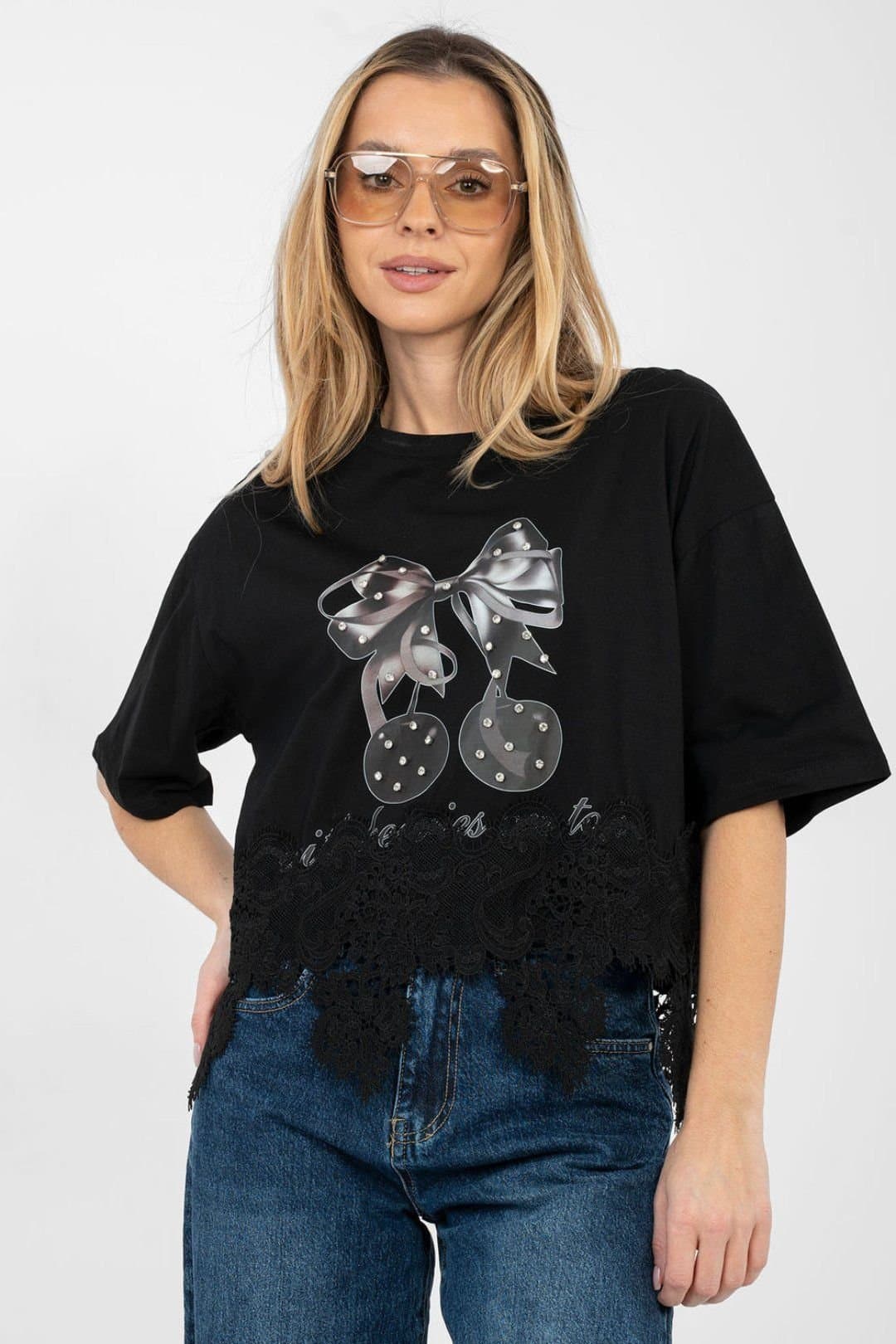 Love Lace Love Lace Women's Daily Cotton Blouse with Lace Hem Print in Black