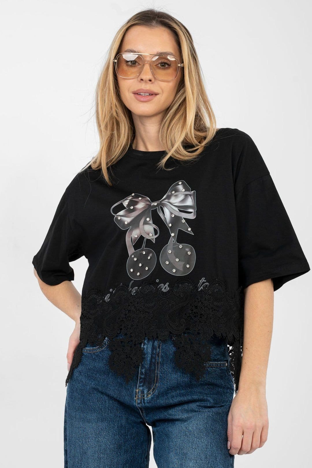 Love Lace Black Cotton Blouse with Lace Hem Print