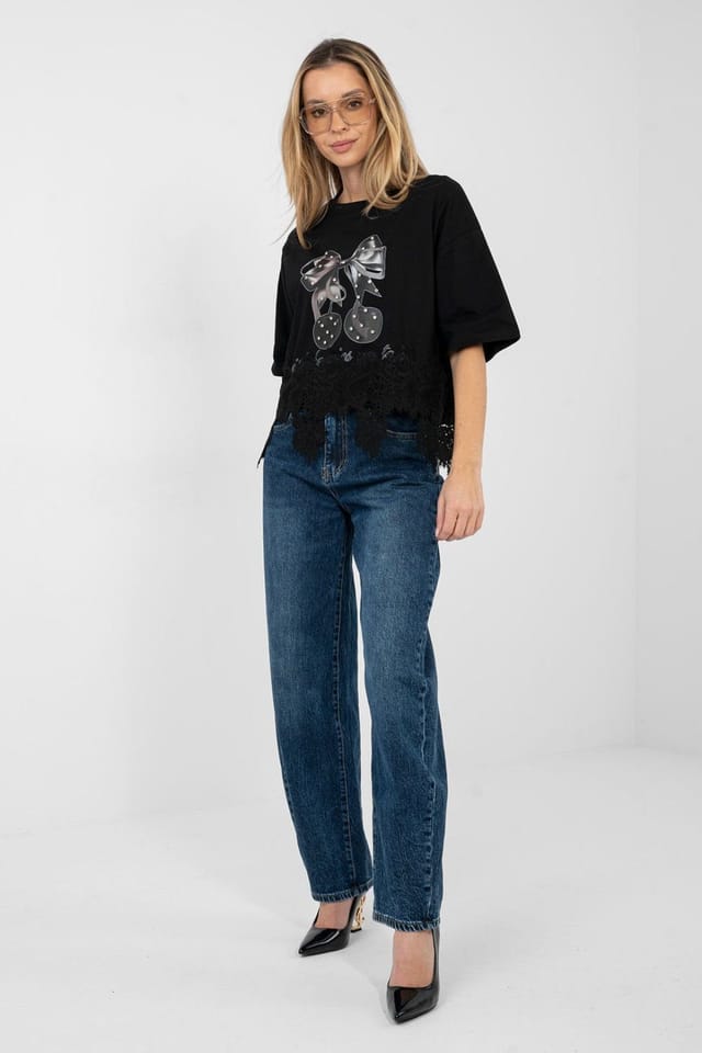 Love Lace Love Lace Women's Daily Cotton Blouse with Lace Hem Print in Black - 2