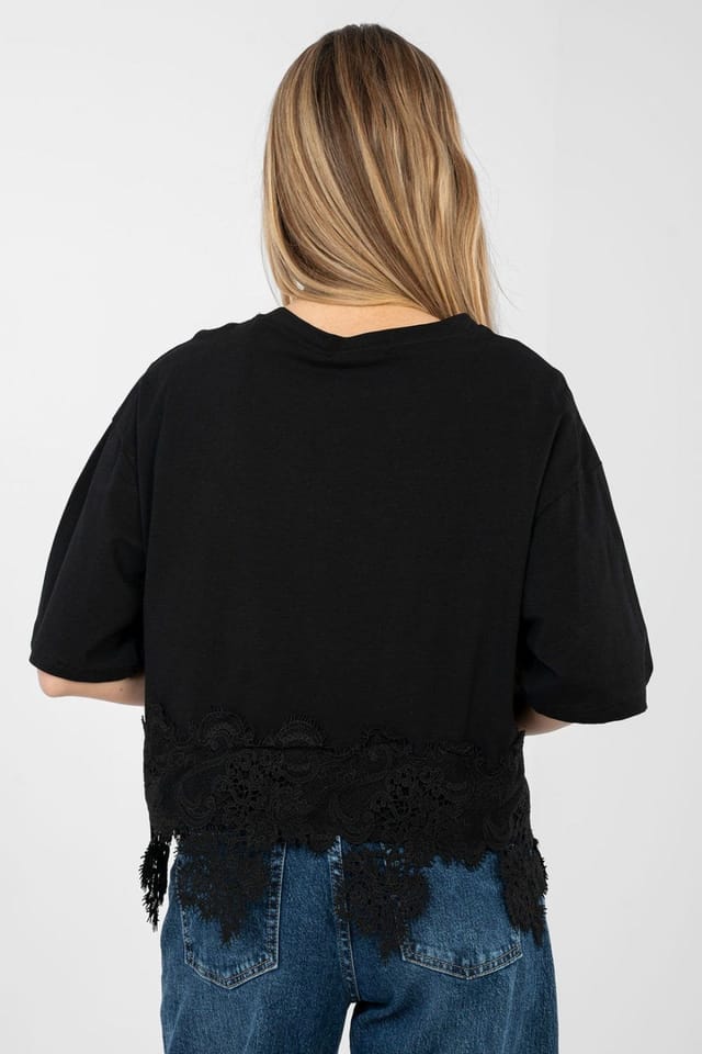 Love Lace Love Lace Women's Daily Cotton Blouse with Lace Hem Print in Black - 3