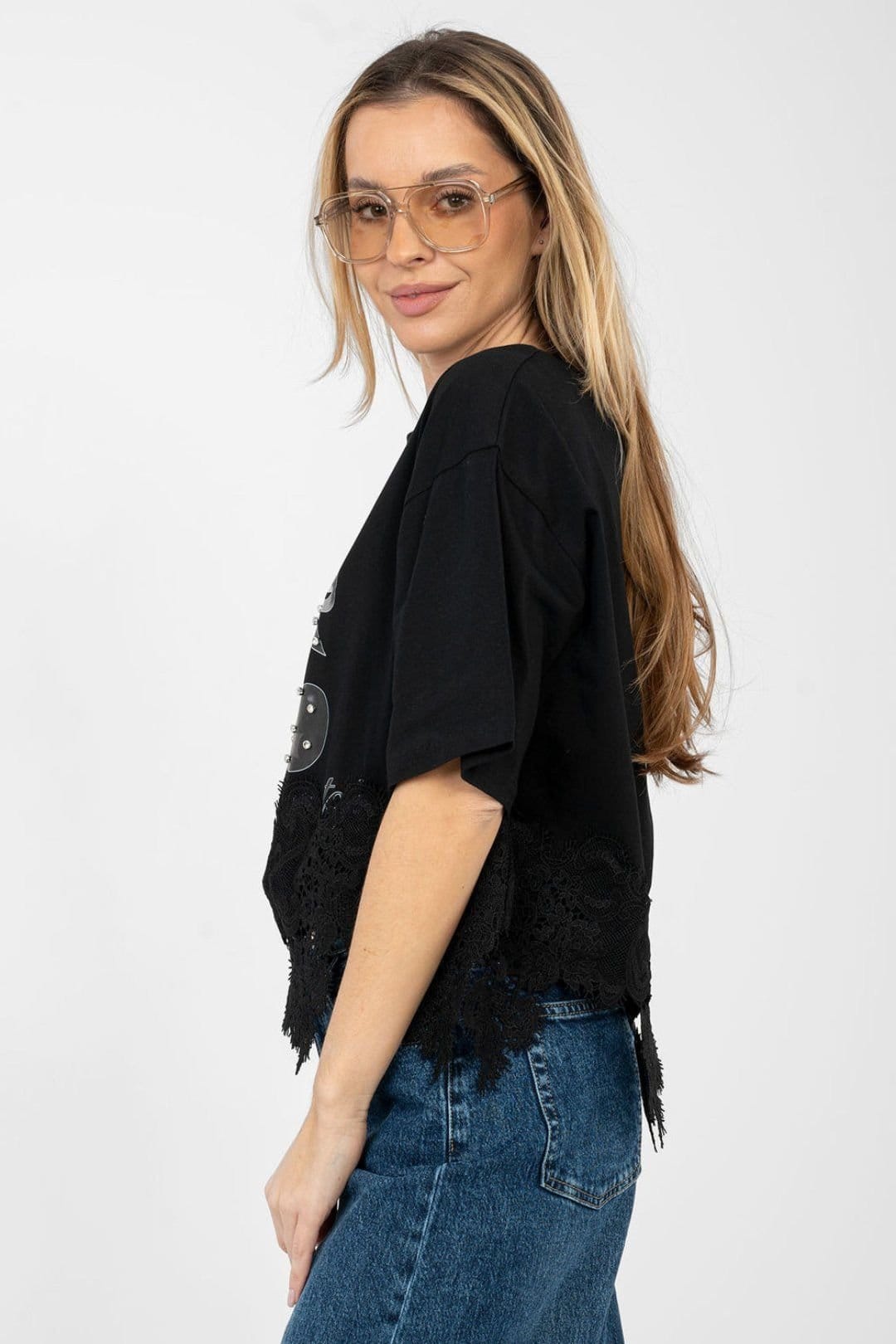 Love Lace Love Lace Women's Daily Cotton Blouse with Lace Hem Print in Black - 4