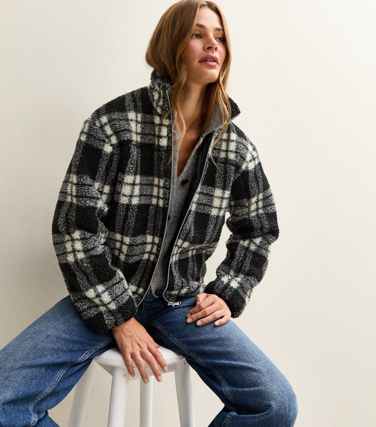 New Look Women's Black Checked Borg Jacket New Look