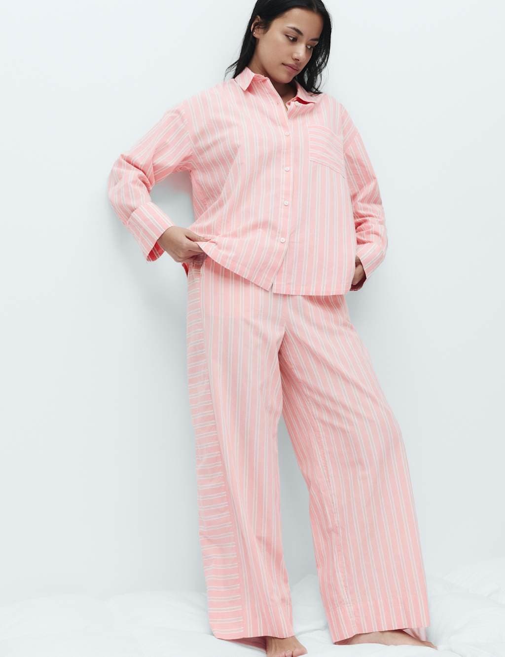 Marks & Spencer M&S Pure Cotton Cambric Striped Pyjama Bottoms Pink Mix