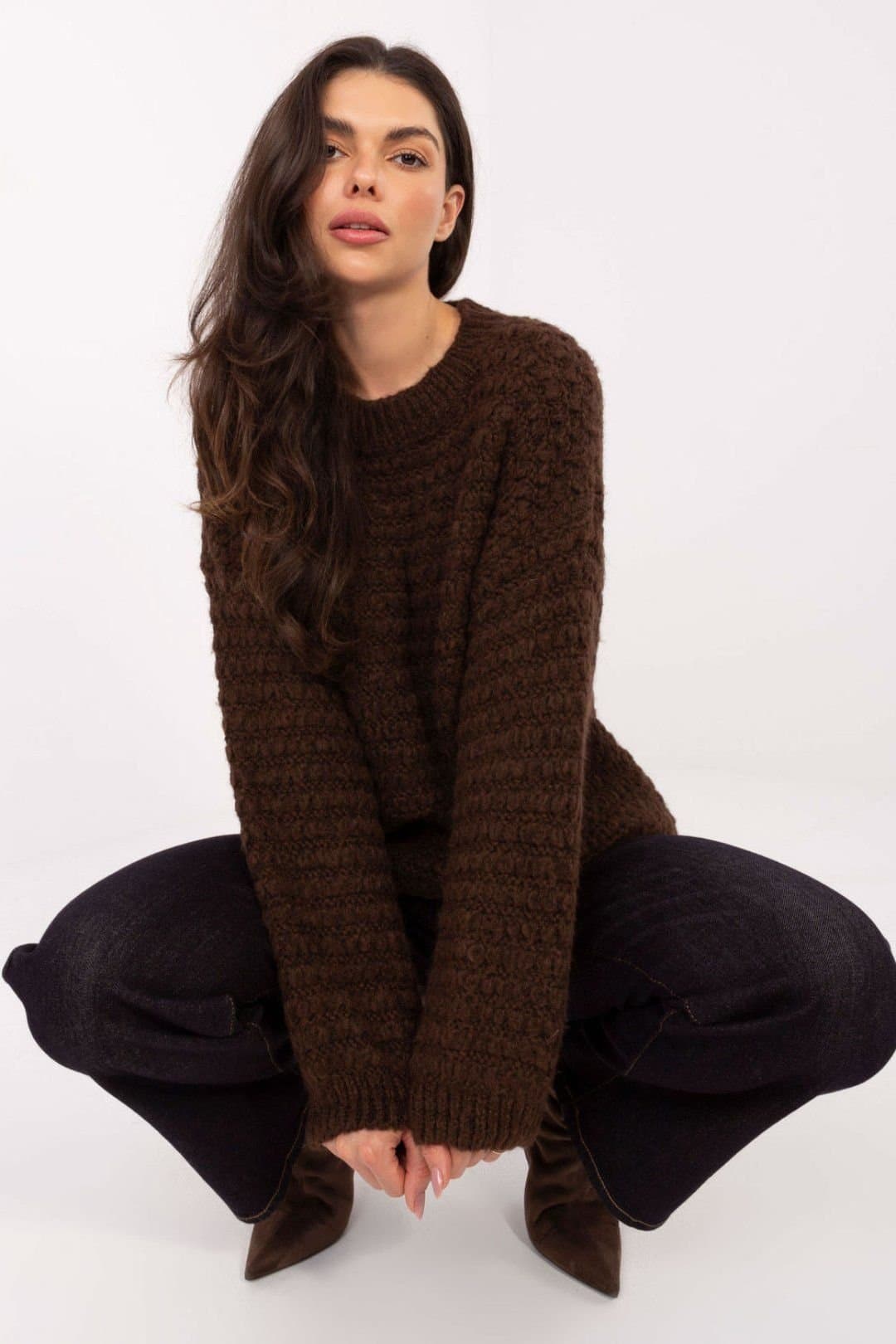 Love Lace Love Lace Brown Waffle Weave Textured Knit Sweater