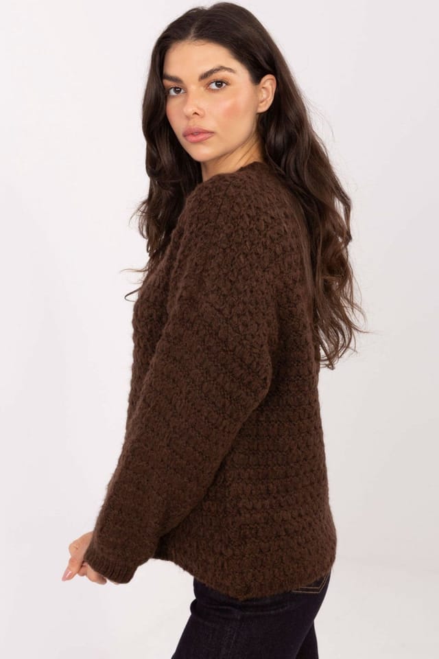 Love Lace Love Lace Women's Waffle Weave Textured Knit Sweater Round Neck in Brown - 2