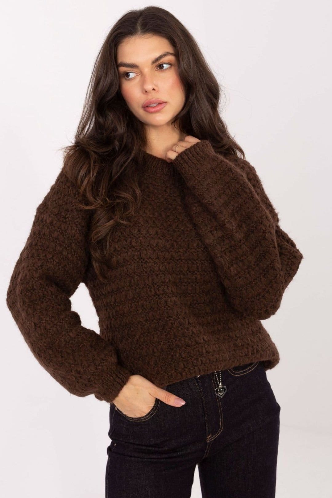 Love Lace Love Lace Women's Waffle Weave Textured Knit Sweater Round Neck in Brown - 4