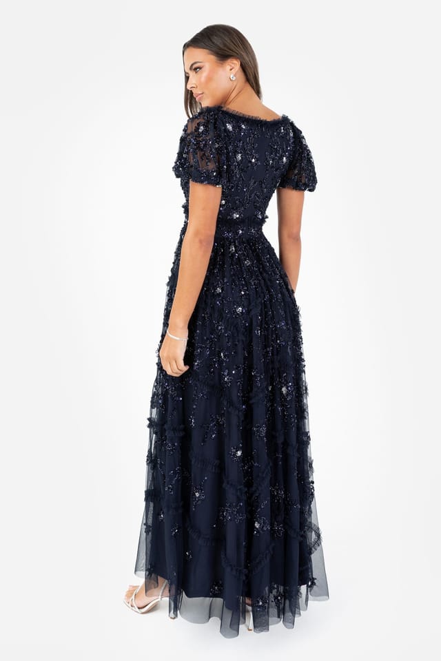 Maya Deluxe Maya Deluxe Women's Floral Embellished Sweetheart Neck Maxi Dress in Dark Navy - 2