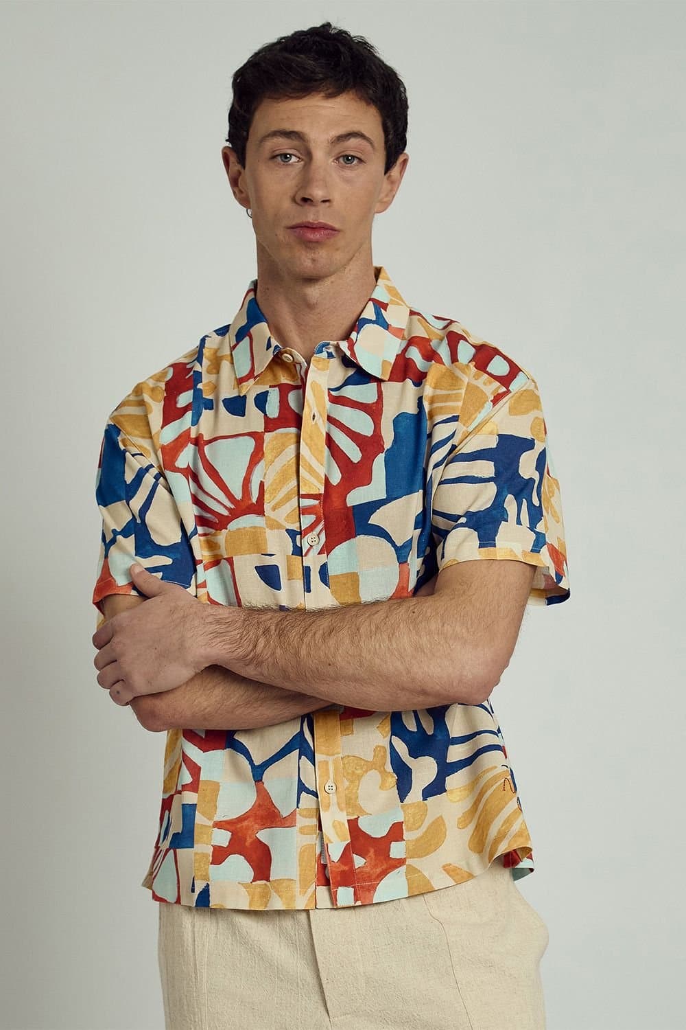 Native Youth Native Youth Men's Cotton Linen Blend Abstract Print Button Short Sleeve Shirt in Red
