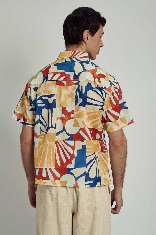 Native Youth Native Youth Men's Cotton Linen Blend Abstract Print Button Short Sleeve Shirt in Red - 2