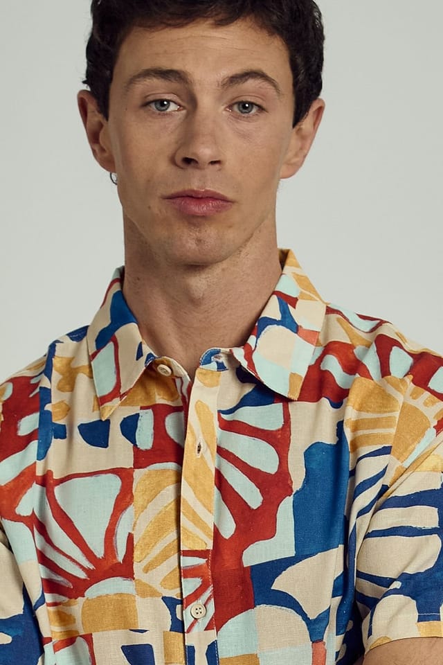Native Youth Native Youth Men's Cotton Linen Blend Abstract Print Button Short Sleeve Shirt in Red - 3