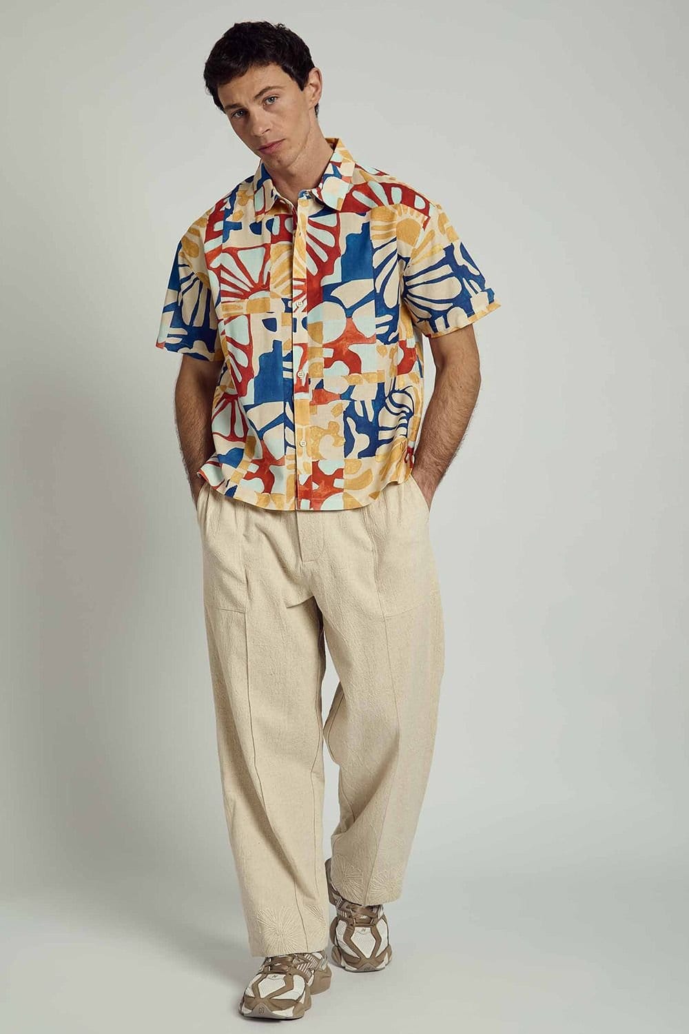 Native Youth Native Youth Men's Cotton Linen Blend Abstract Print Button Short Sleeve Shirt in Red - 4