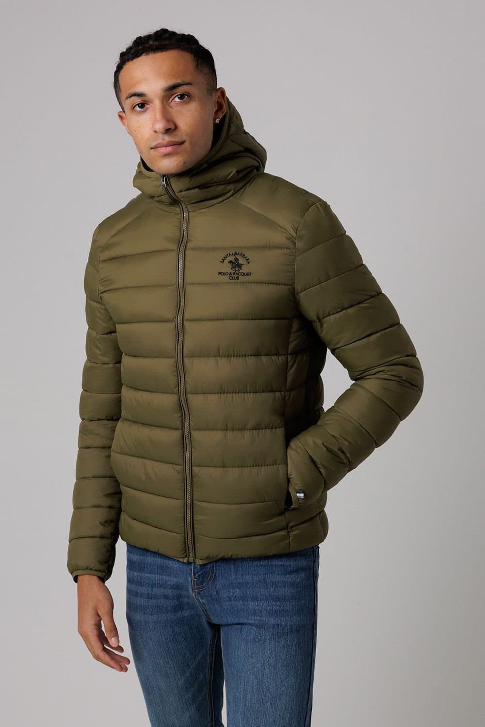 Santa Barbara Polo & Racquet Club Santa Barbara Polo & Racquet Club Men's Lightweight Zip Through Hooded Padded Jacket with Zipped Pockets in Khaki