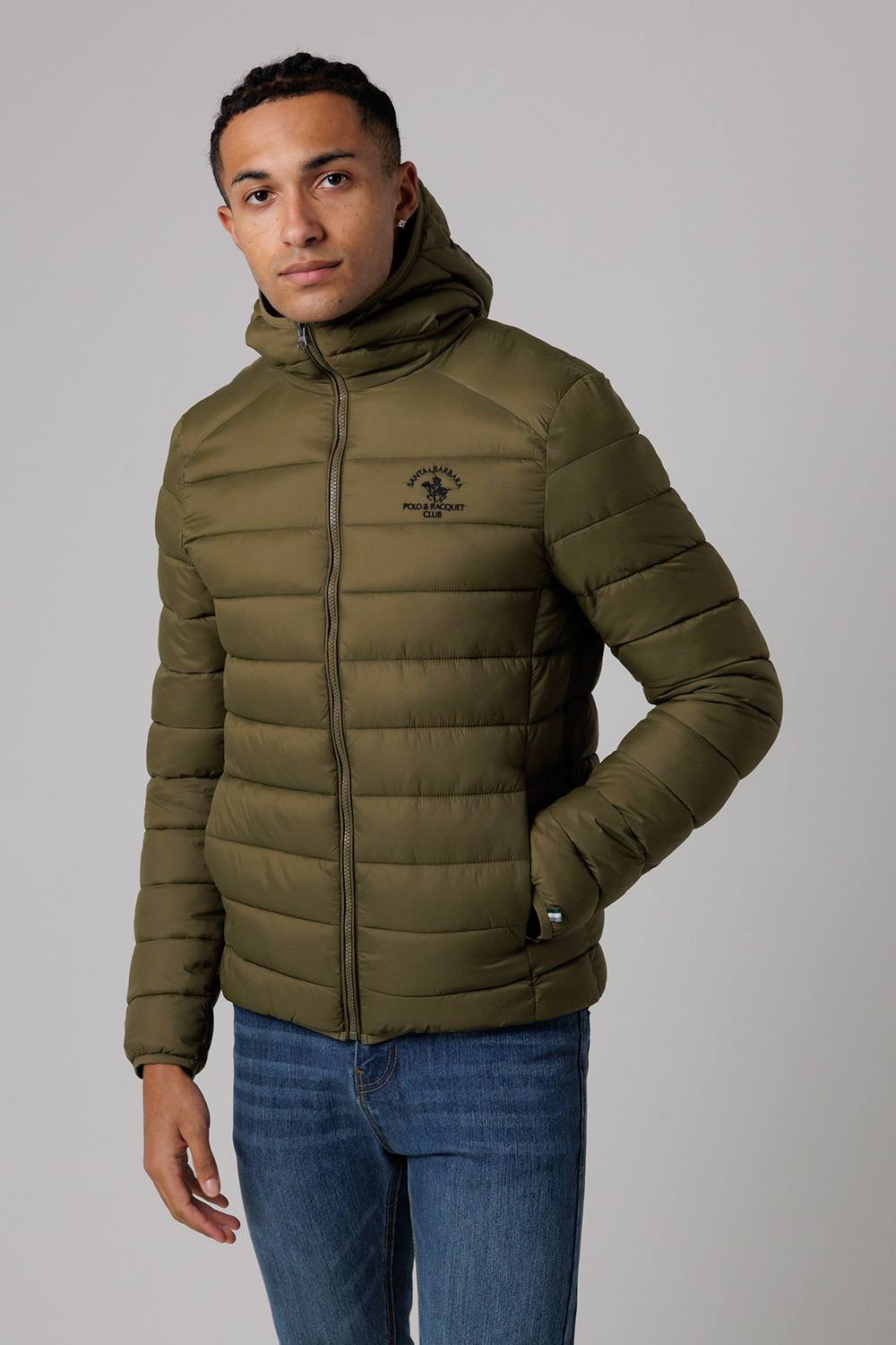 Santa Barbara Polo & Racquet Club Santa Barbara Polo & Racquet Club Men's Lightweight Zip Through Hooded Padded Jacket with Zipped Pockets in Khaki - 2