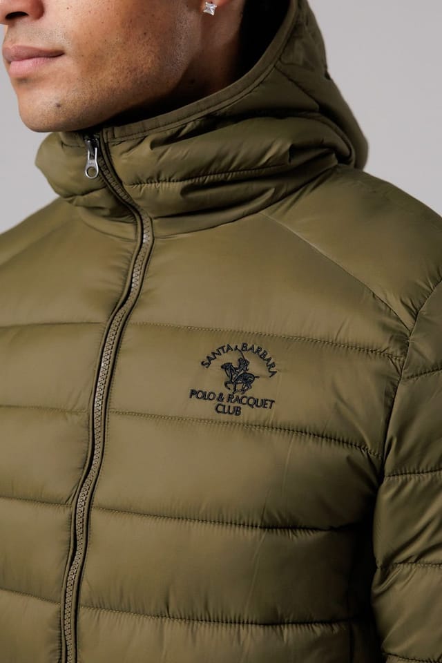 Santa Barbara Polo & Racquet Club Santa Barbara Polo & Racquet Club Men's Lightweight Zip Through Hooded Padded Jacket with Zipped Pockets in Khaki - 3